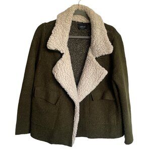 ZARA Knit Olive Long Sleeve Faux Sherpa Collared Sweater Open Pockets Size S